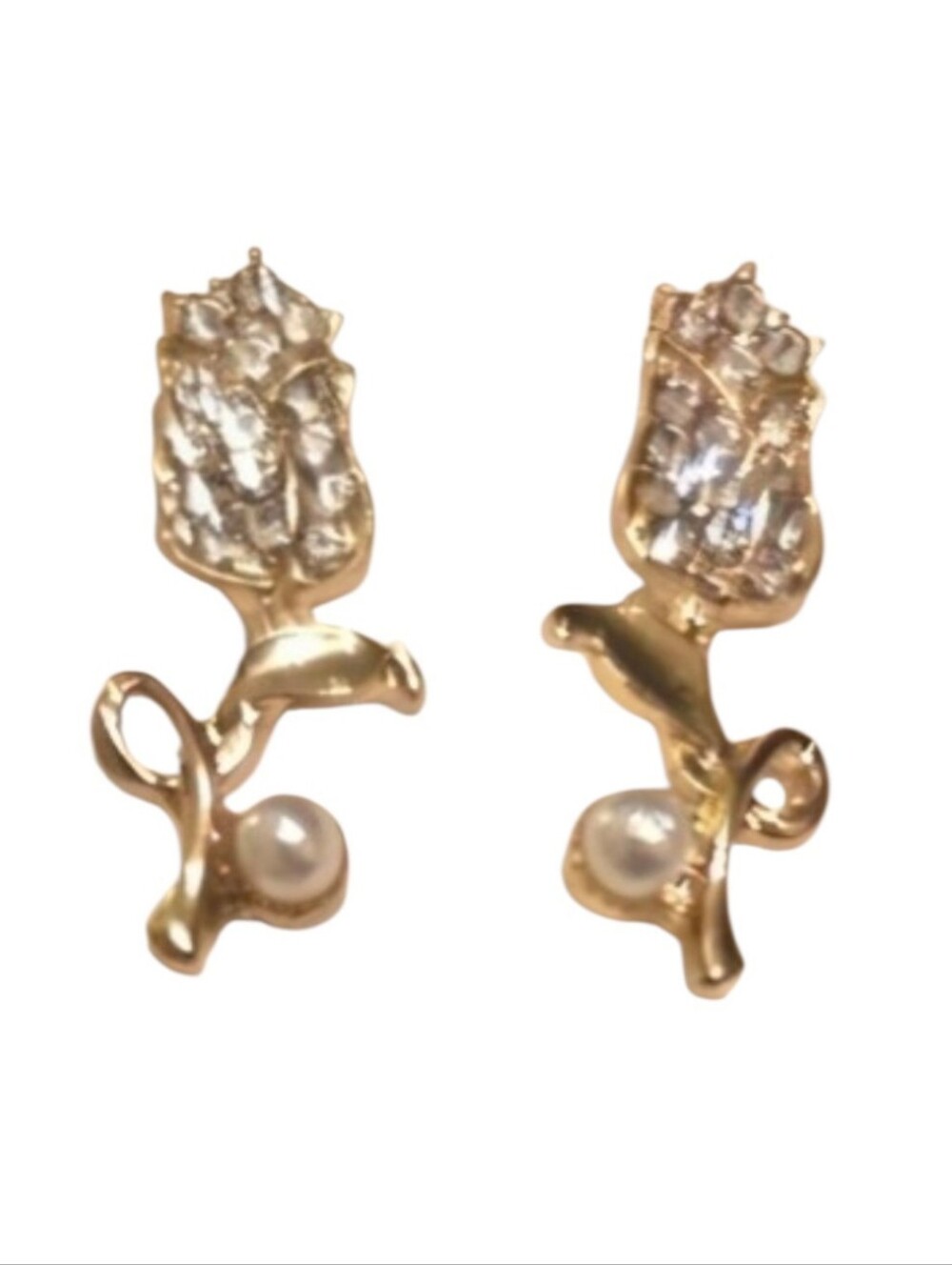 NYU NYU Korean Gold Rhinestone Tulip Pearl Stud Earrings - Sterling Silver Posts